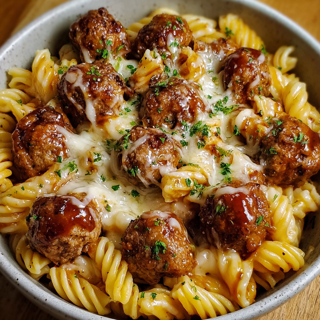 A bowl of pasta with meatballs and sauce.