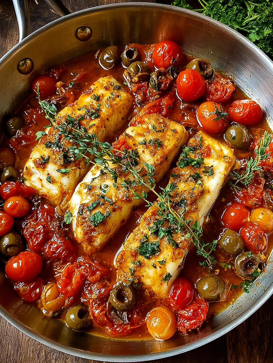 A pan of fish with tomatoes and olives.
