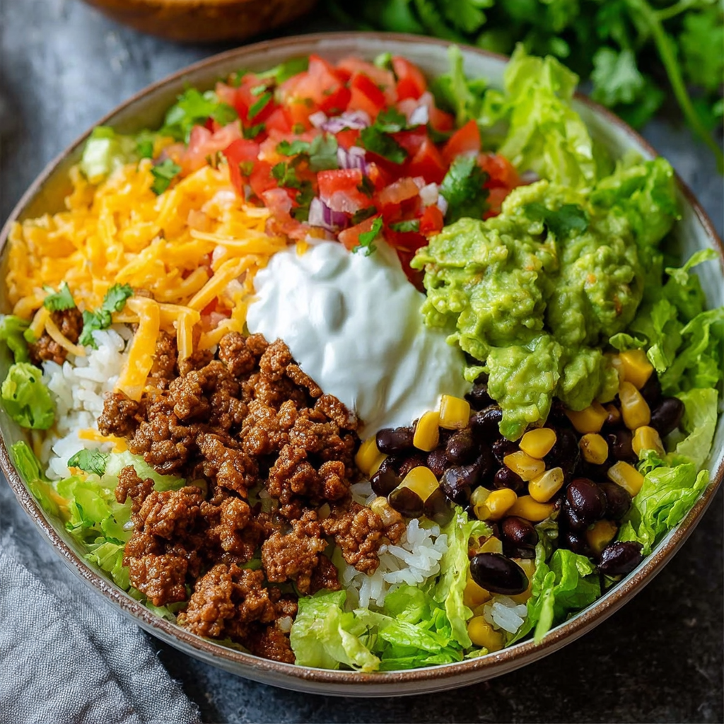 A bowl of food with lettuce, tomatoes, cheese, and beans.