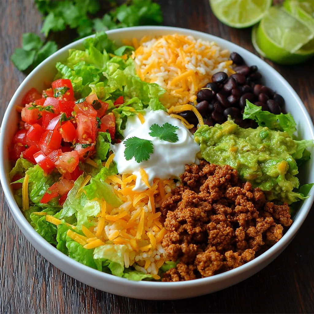 A bowl of food with lettuce, tomatoes, cheese, and beans.