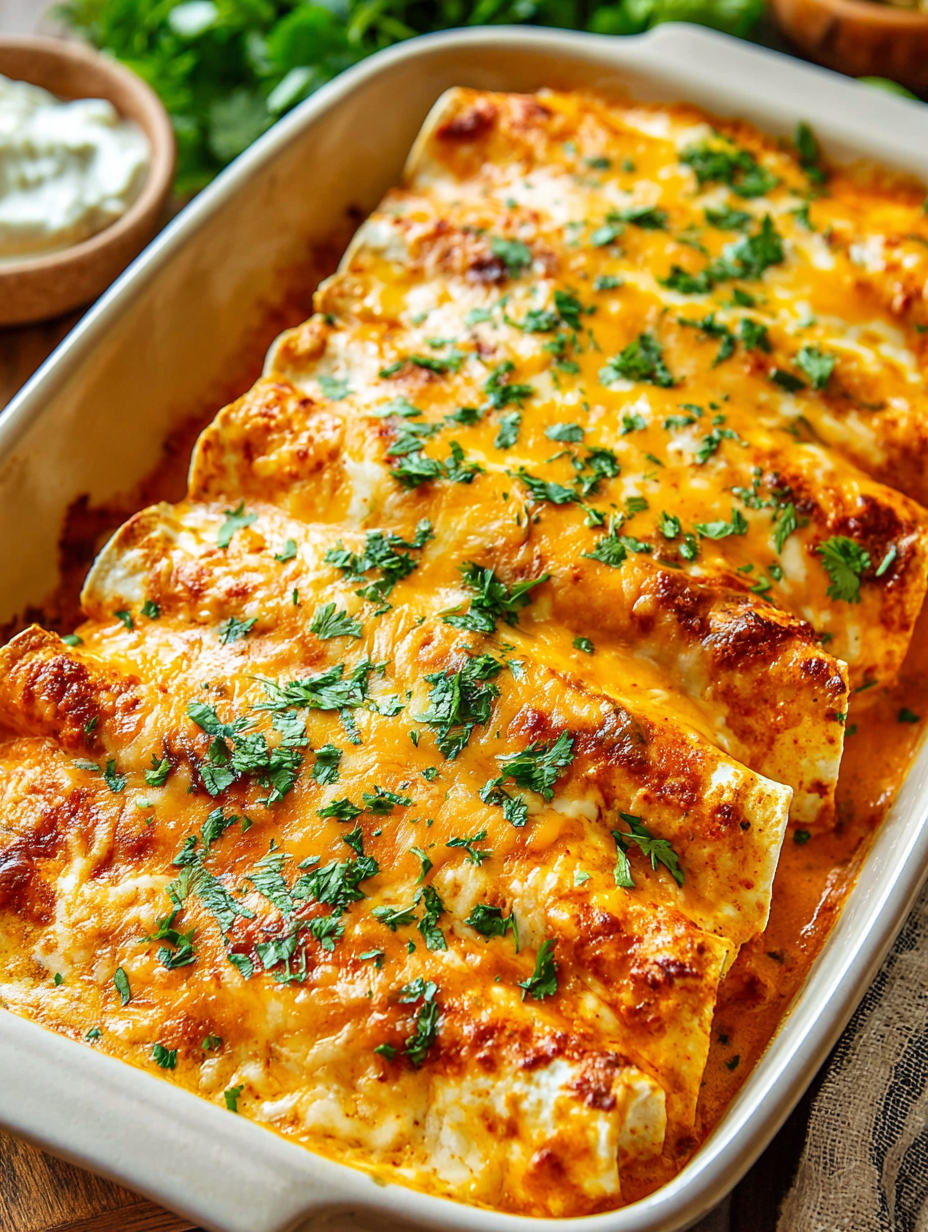 A dish of chicken enchiladas with cheese and green onions.