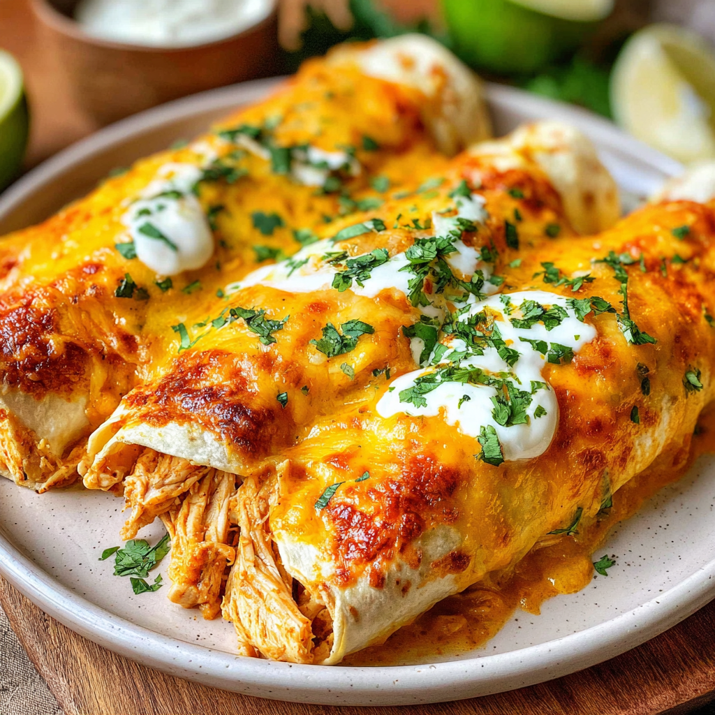 A plate of food with a creamy chili chicken enchilada.