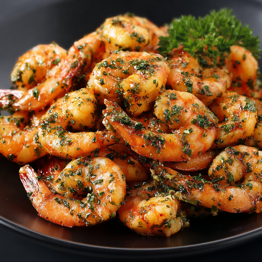 A plate of shrimp with garlic butter.