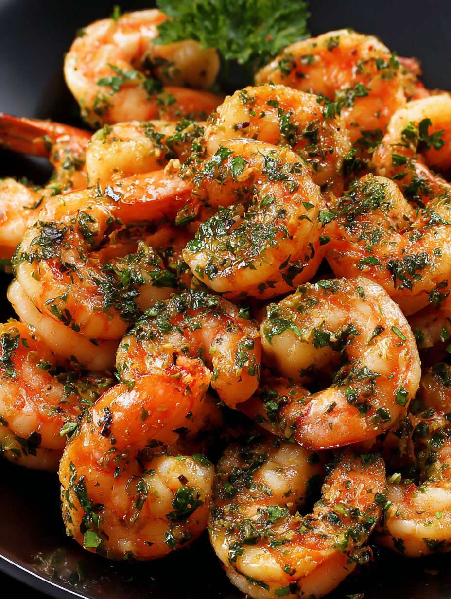 A plate of shrimp with garlic butter and herbs.