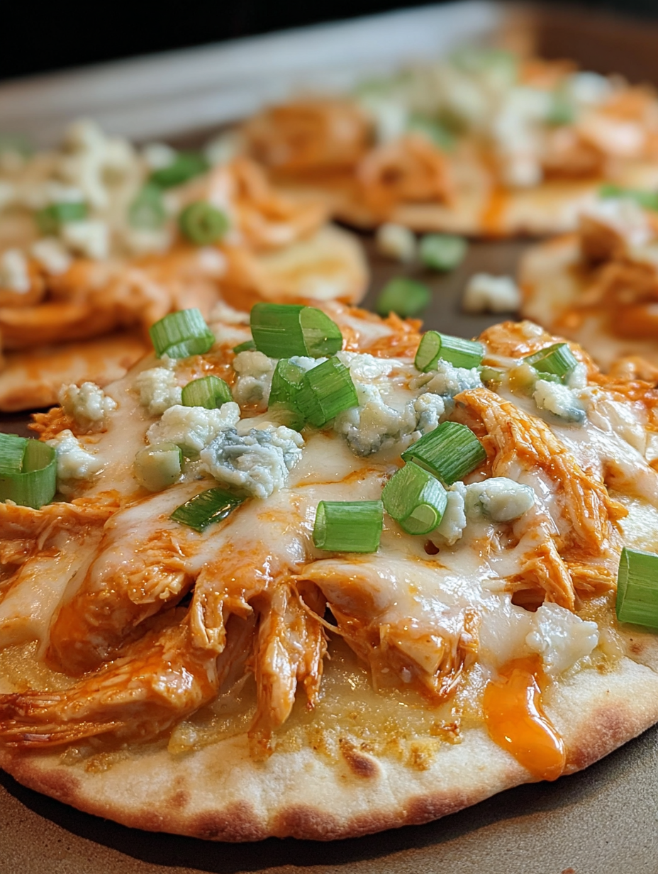 A flatbread with buffalo ranch chicken on top.