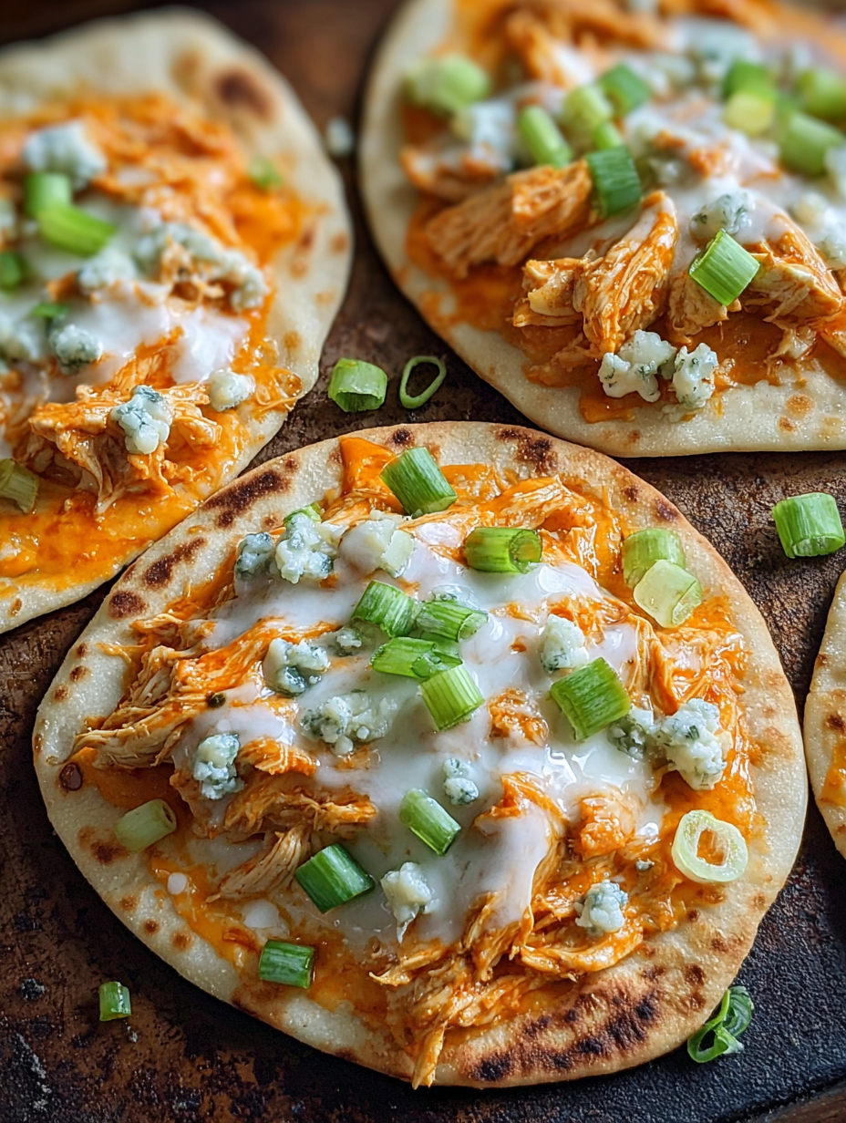 Buffalo Ranch Chicken Flatbread with cheese and green onions.