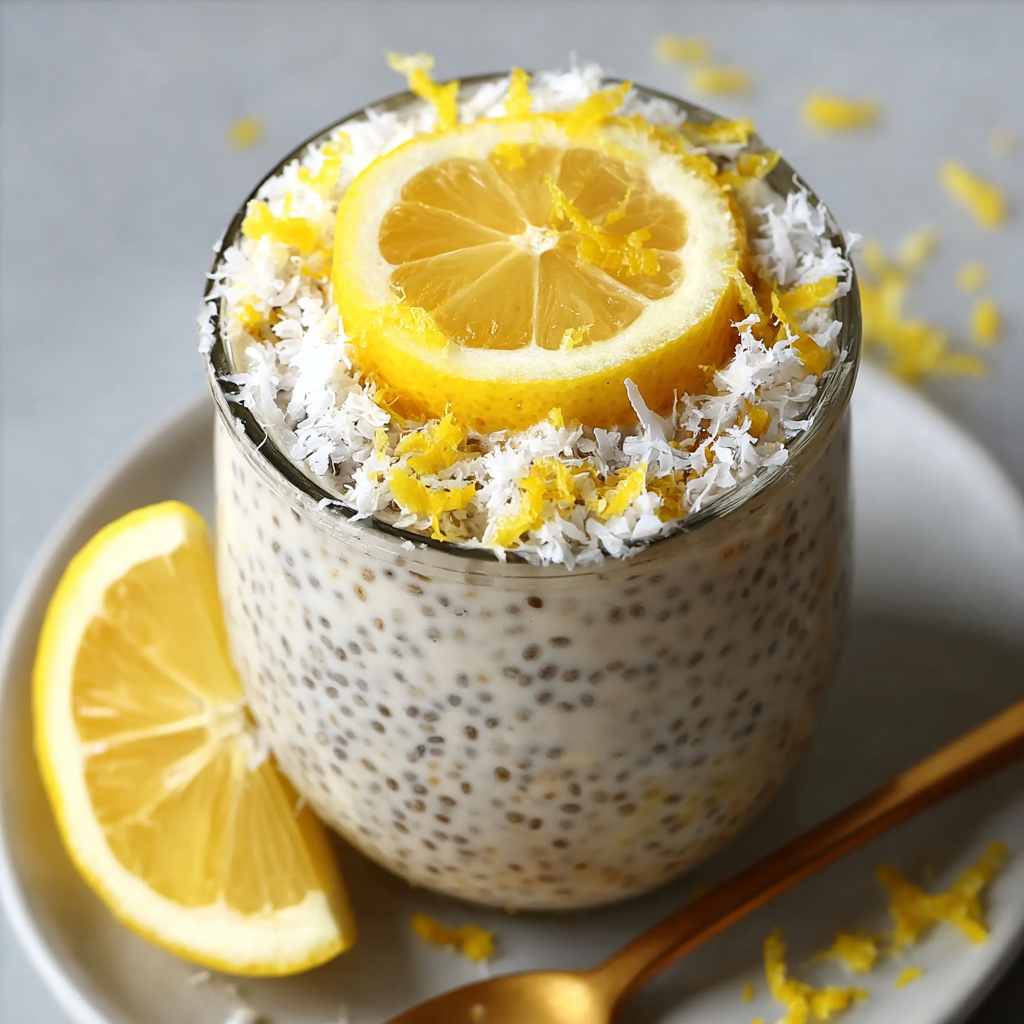 A glass of lemon coconut chia seed pudding.