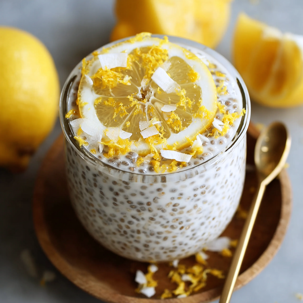 A glass of lemon coconut chia seed pudding.