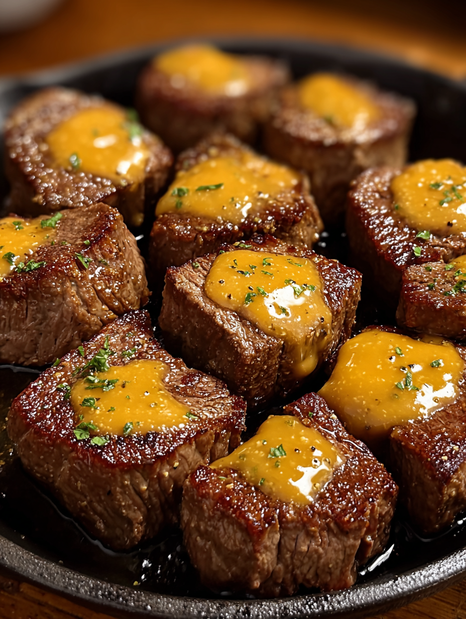 Steak bites with cheese and butter.