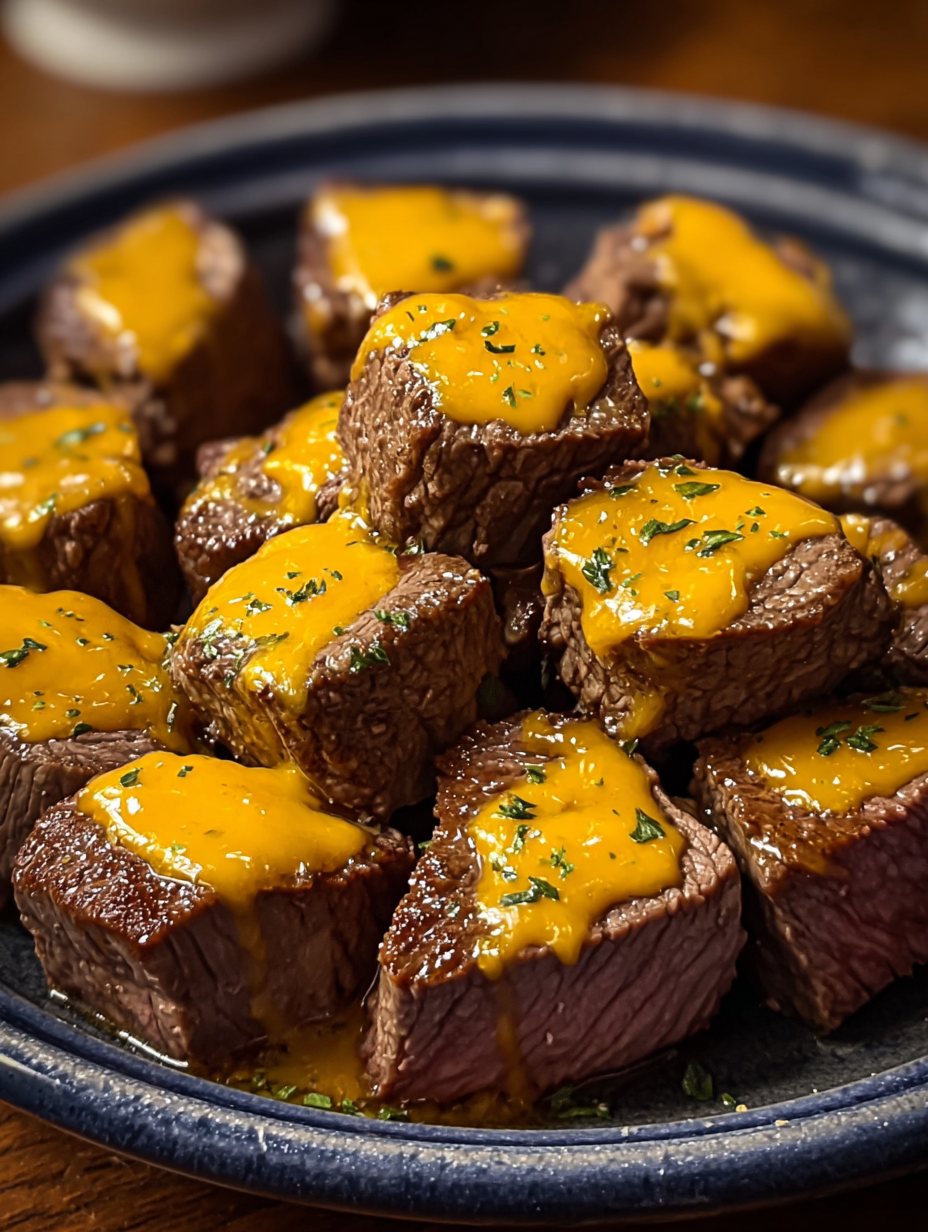 A plate of Texas Roadhouse-Inspired Cheesy Butter Steak Bites.