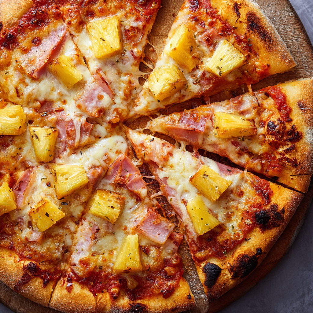 A slice of pizza with ham and pineapple.