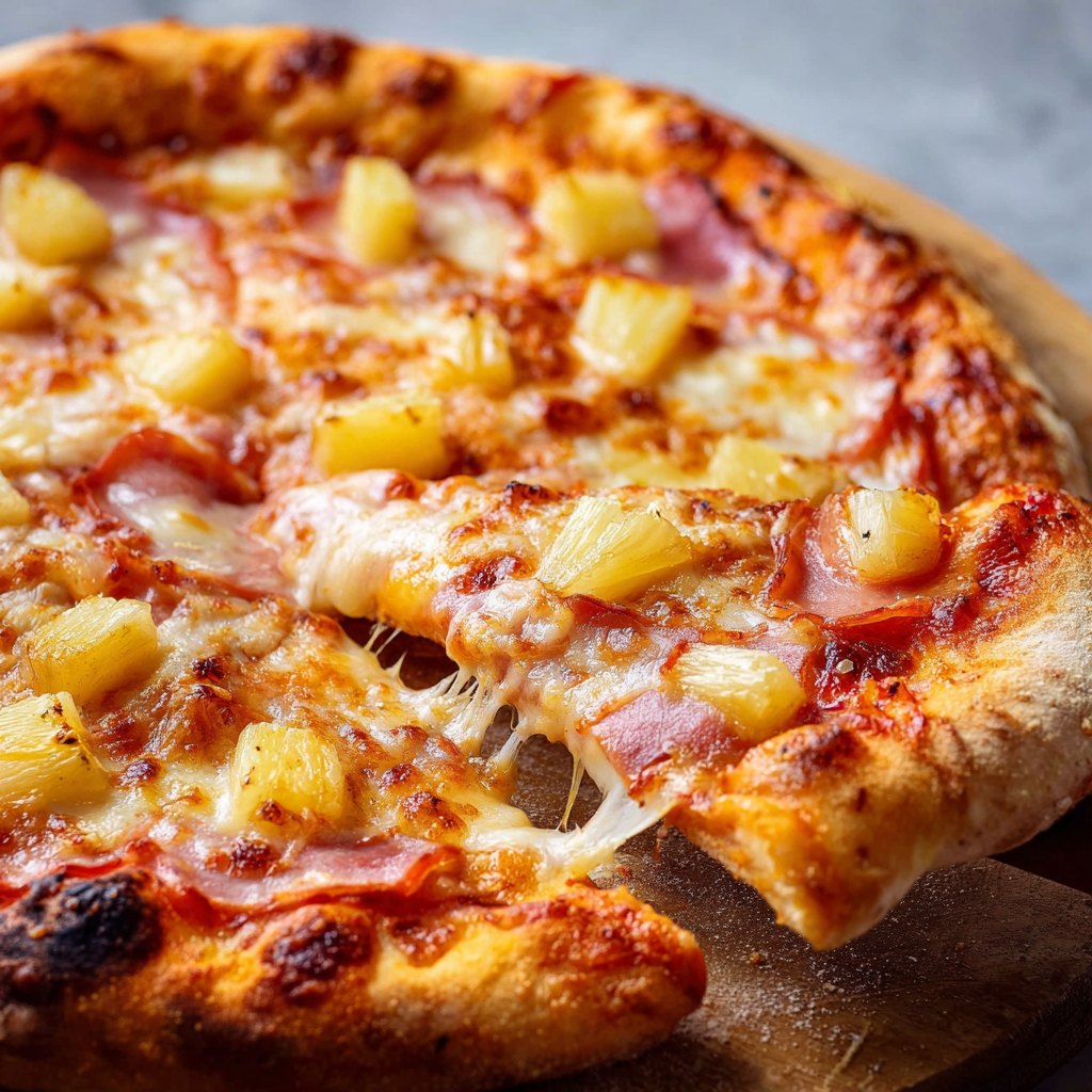 A slice of pizza with pineapple and ham.
