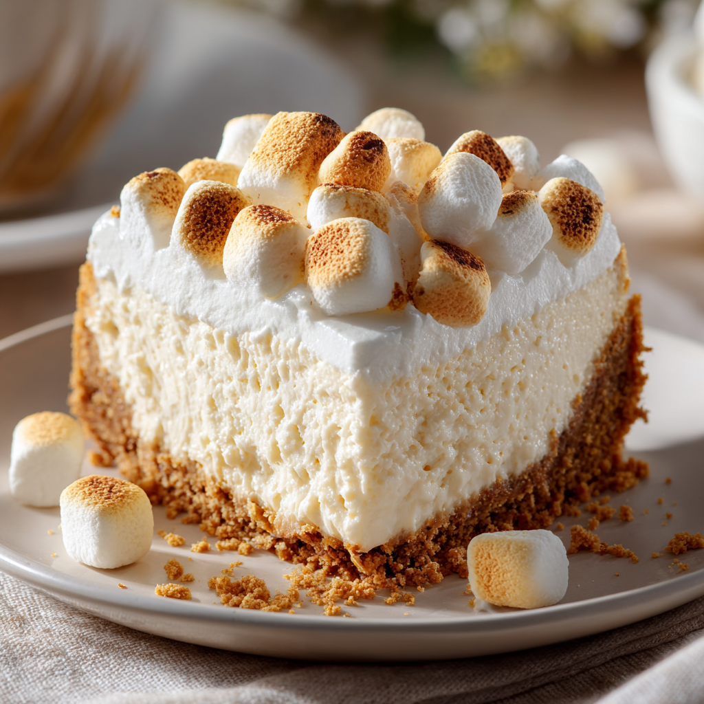 A slice of no-bake marshmallow cheesecake.