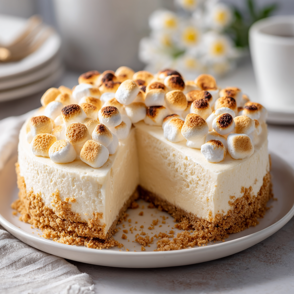 A slice of no-bake marshmallow cheesecake.