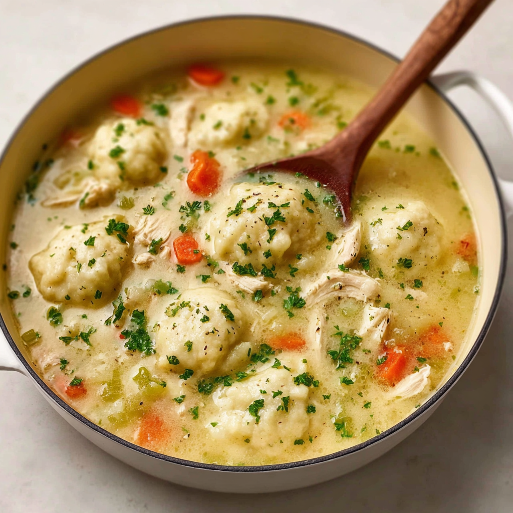 A bowl of chicken and dumplings with vegetables.