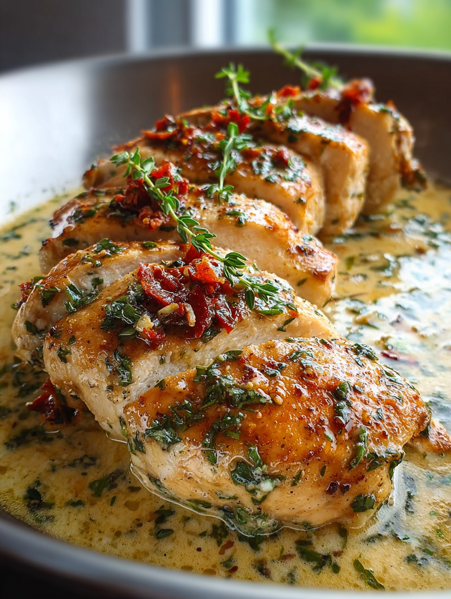 Chicken with herbs and spices in a skillet.