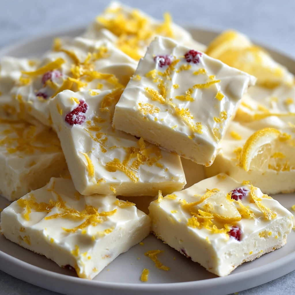 A plate of lemon cheesecake yogurt bark.