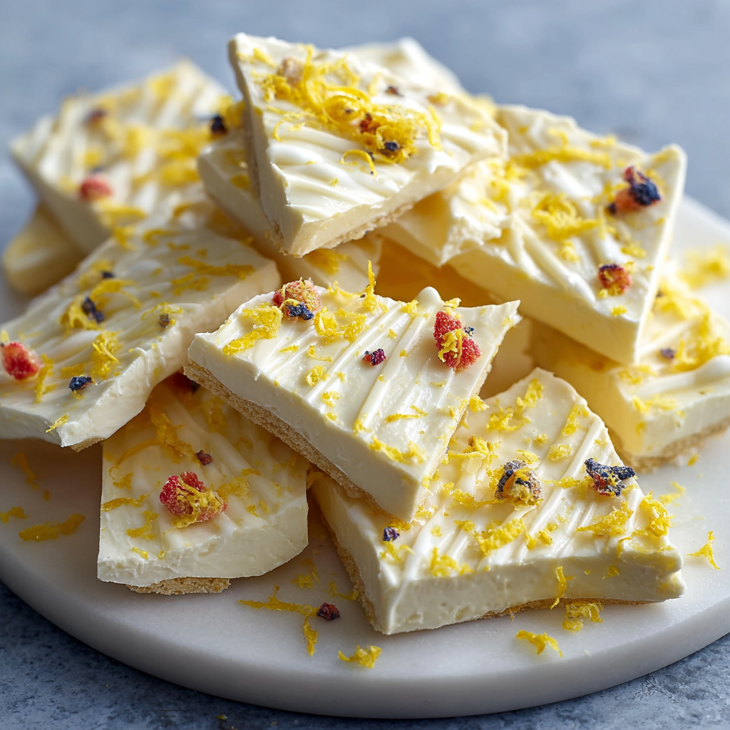 A plate of lemon cheesecake yogurt bark.
