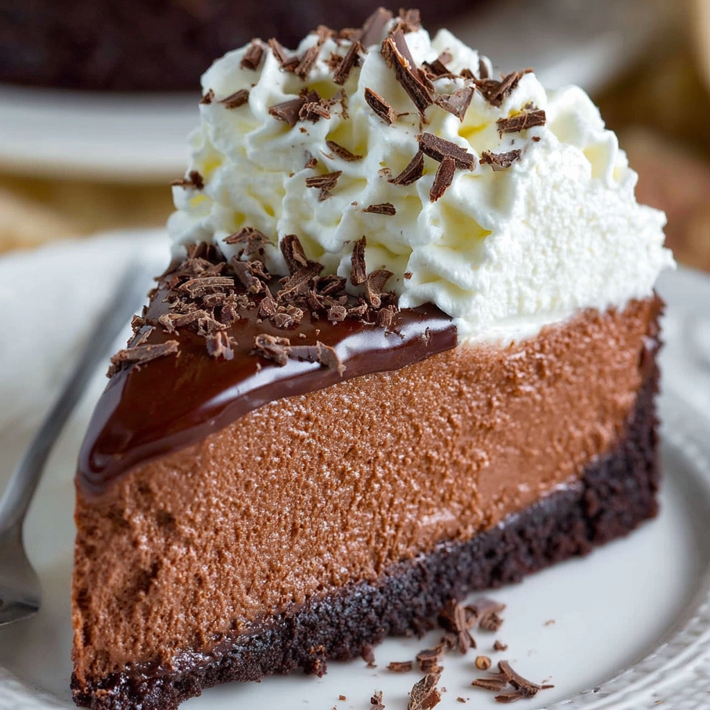 A slice of chocolate cheesecake with white whipped cream.