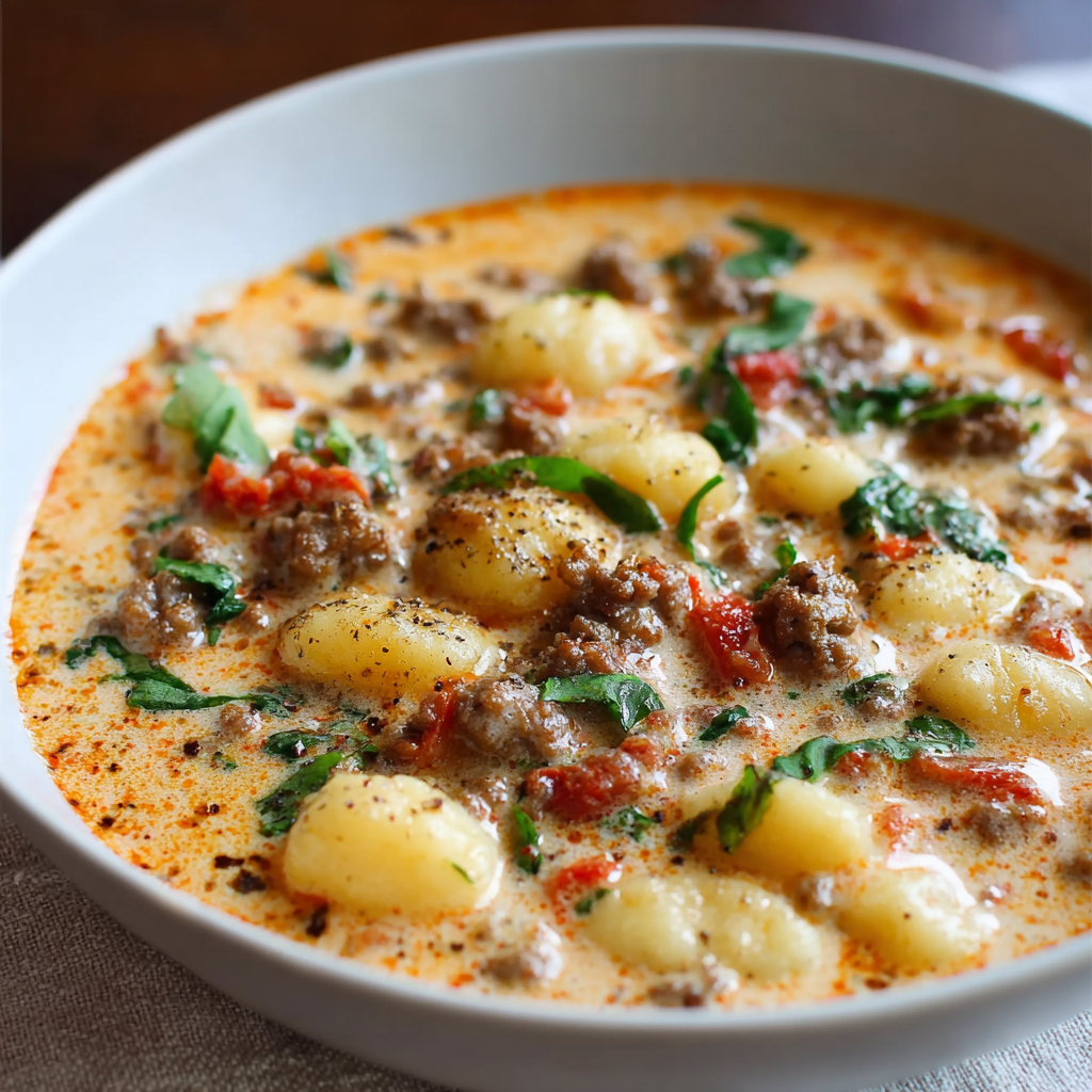A bowl of soup with meat and vegetables.