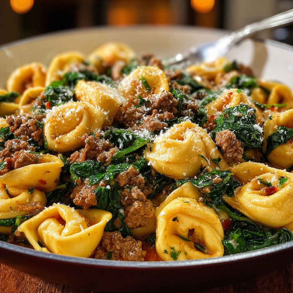 A plate of pasta with meat and spinach.