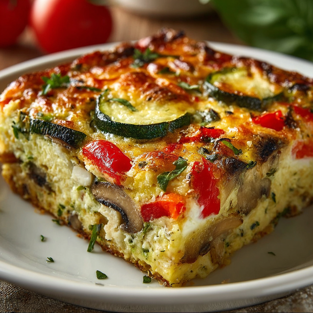 A slice of cottage cheese and veggie bake.
