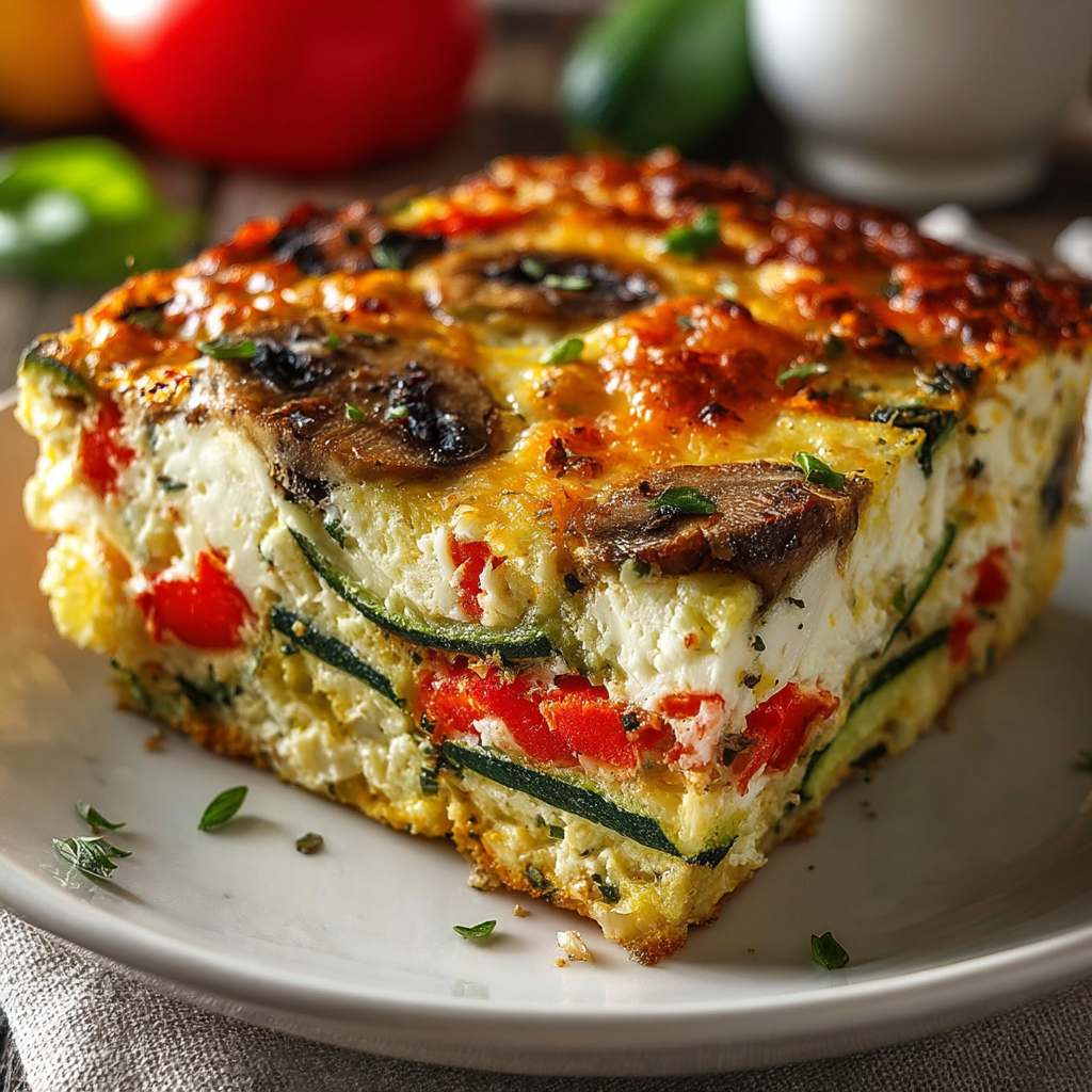 A cottage cheese and veggie bake on a plate.