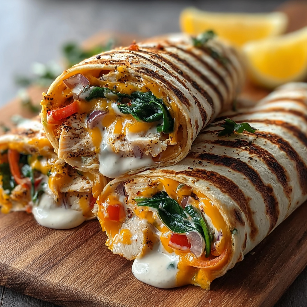 A cheesy chicken wrap on a wooden cutting board.