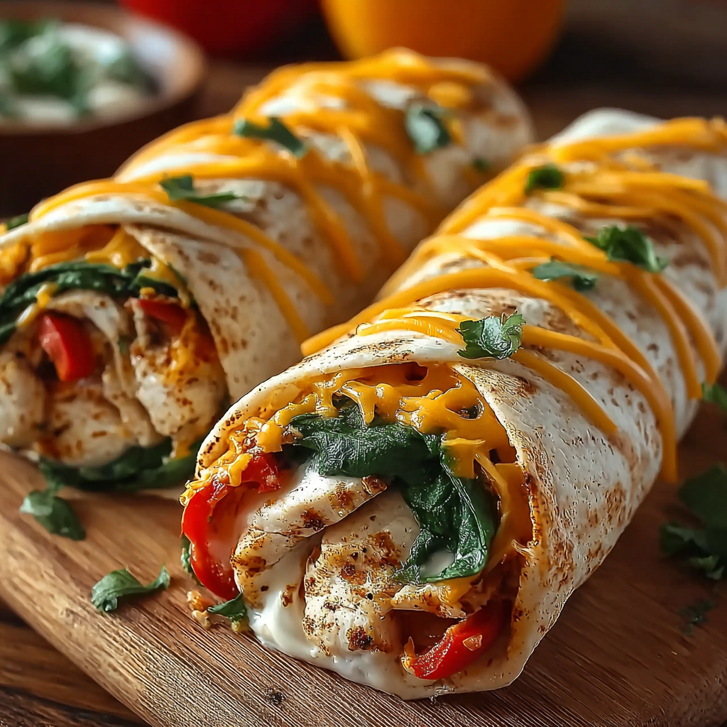 Two cheesy chicken wraps on a wooden table.