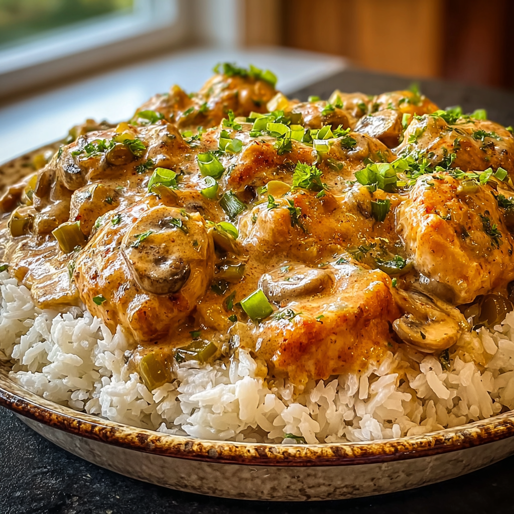 A plate of smothered chicken and rice.