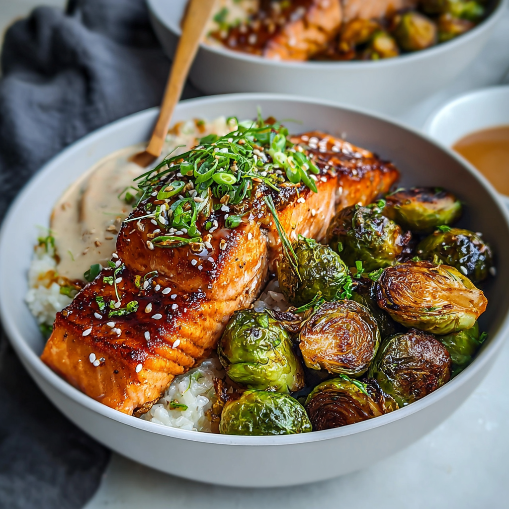 A bowl of food with salmon and brussels sprouts.
