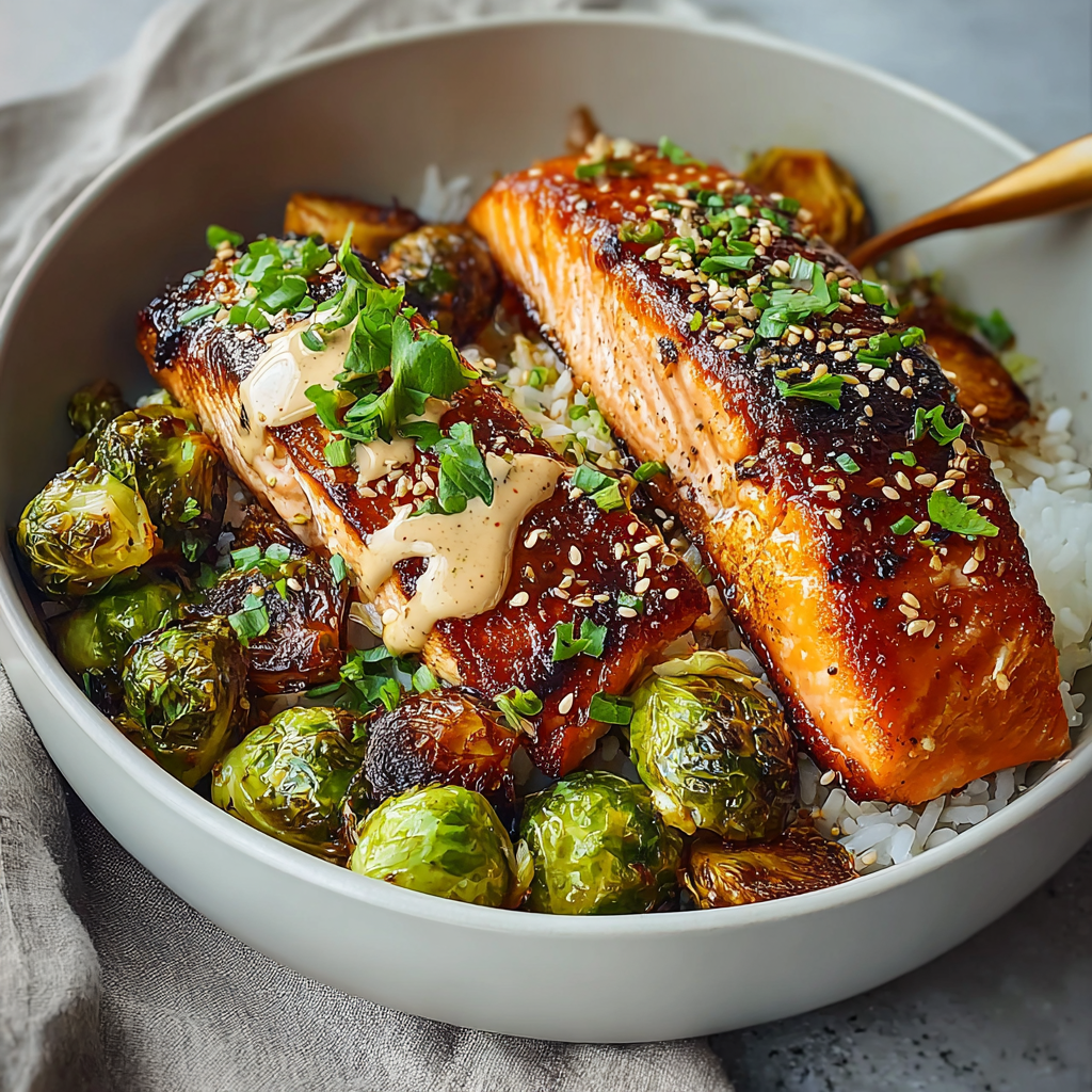 A bowl of food with salmon and brussels sprouts.