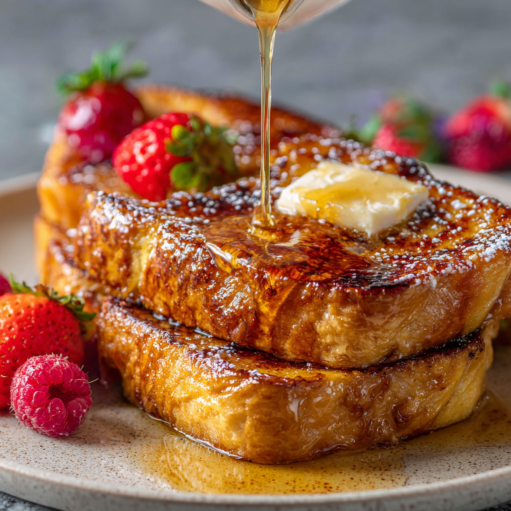 French toast with butter and strawberries.