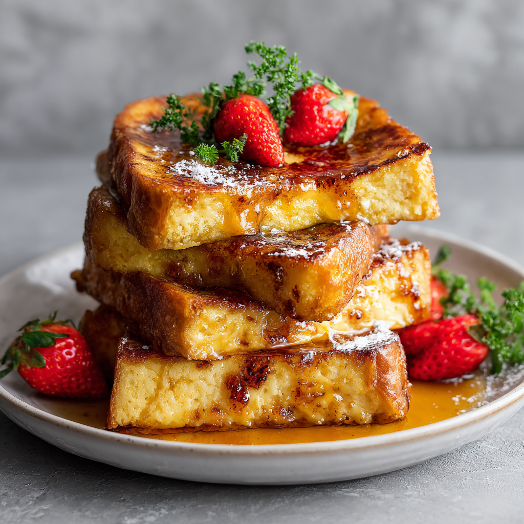 A stack of French toast with strawberries on top.