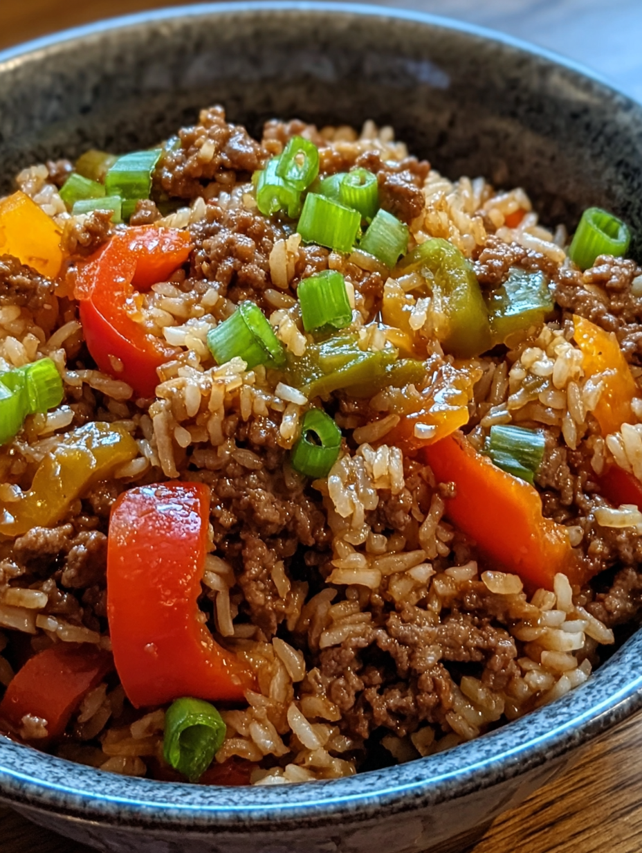 A bowl of beef and pepper rice.