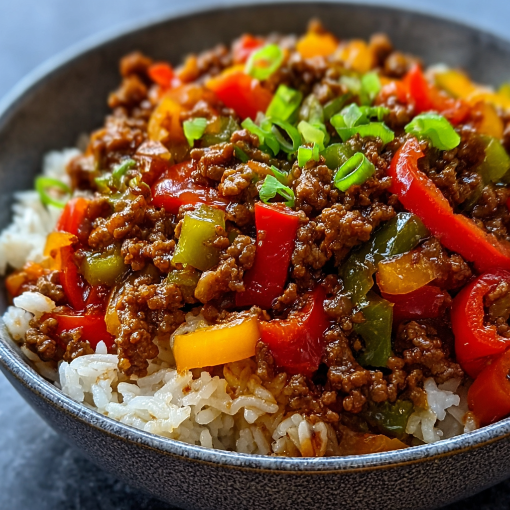 A bowl of beef and pepper rice.