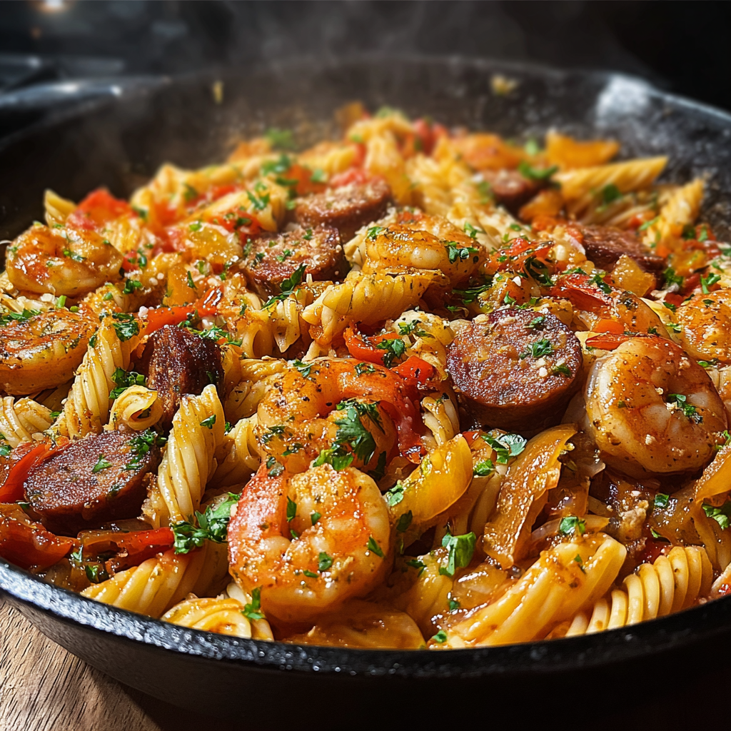 A skillet filled with Cajun Ranch Shrimp and Sausage Pasta.