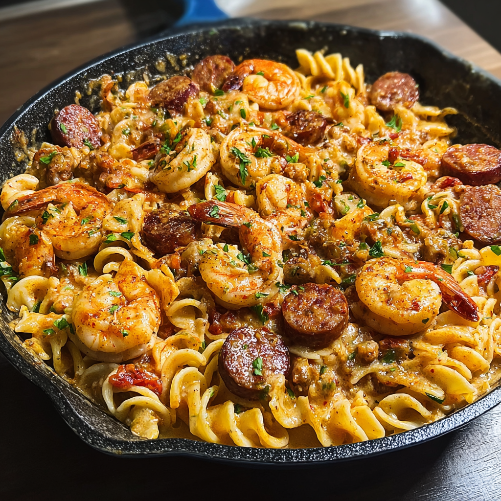 A skillet with a Cajun Ranch Shrimp and Sausage Pasta dish.