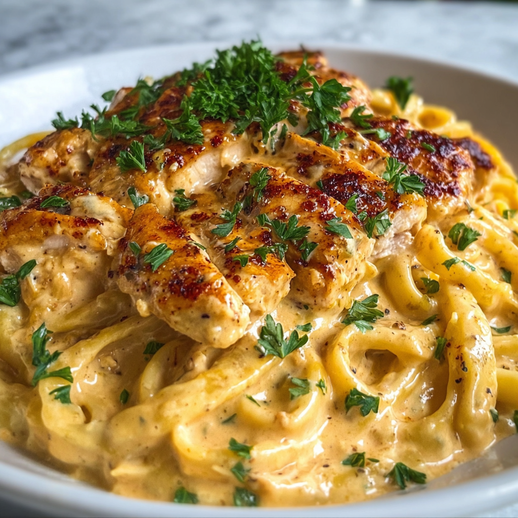 A plate of food with chicken and noodles.