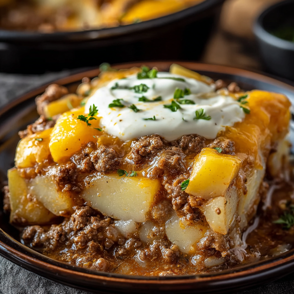 A close up of a delicious slow cooker cowboy potato casserole.