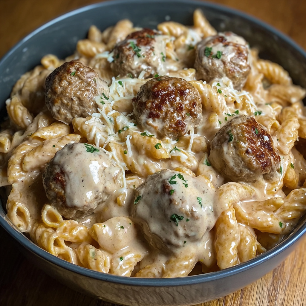 A bowl of pasta with meatballs and cheese.