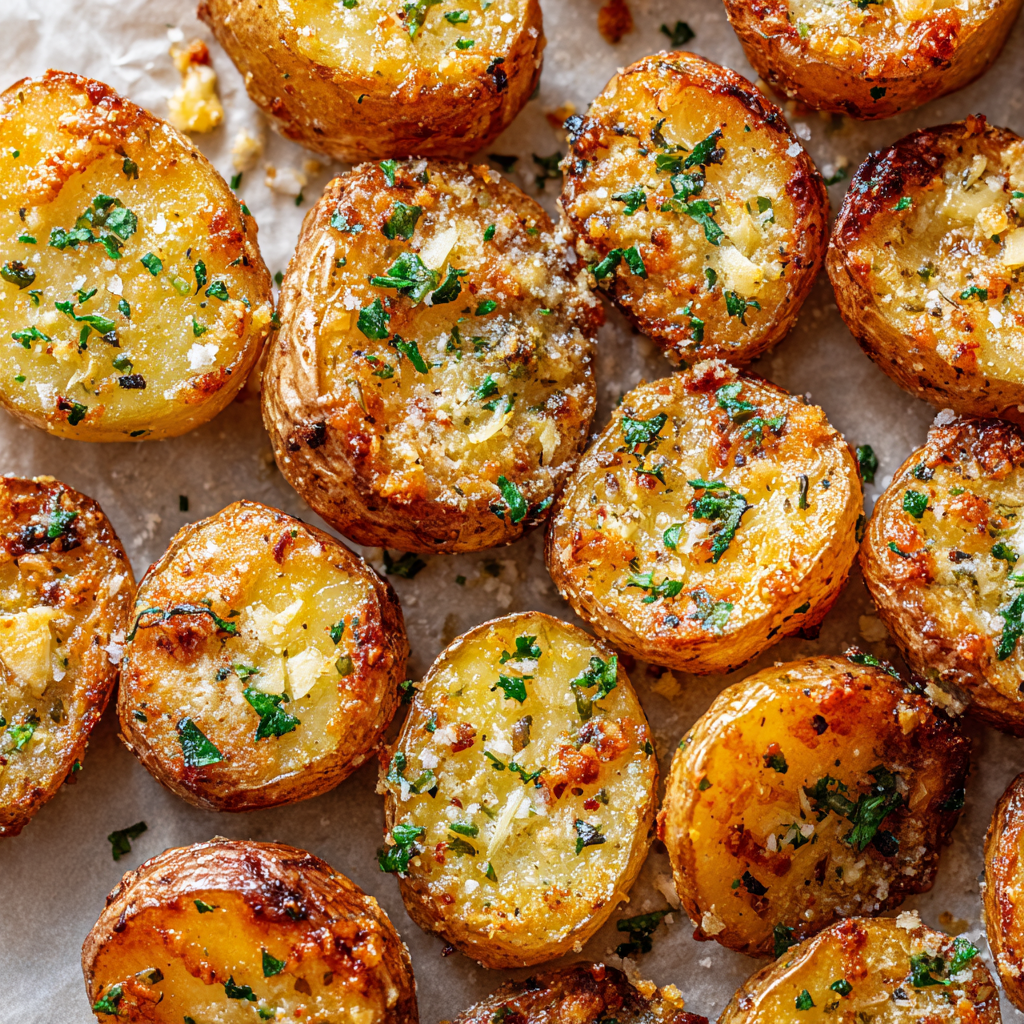 Golden crispy parmesan garlic potatoes.