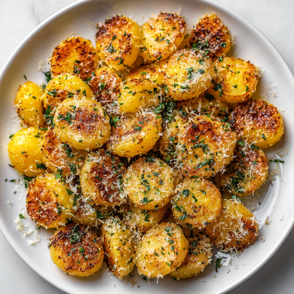 Golden crispy Parmesan garlic potatoes.