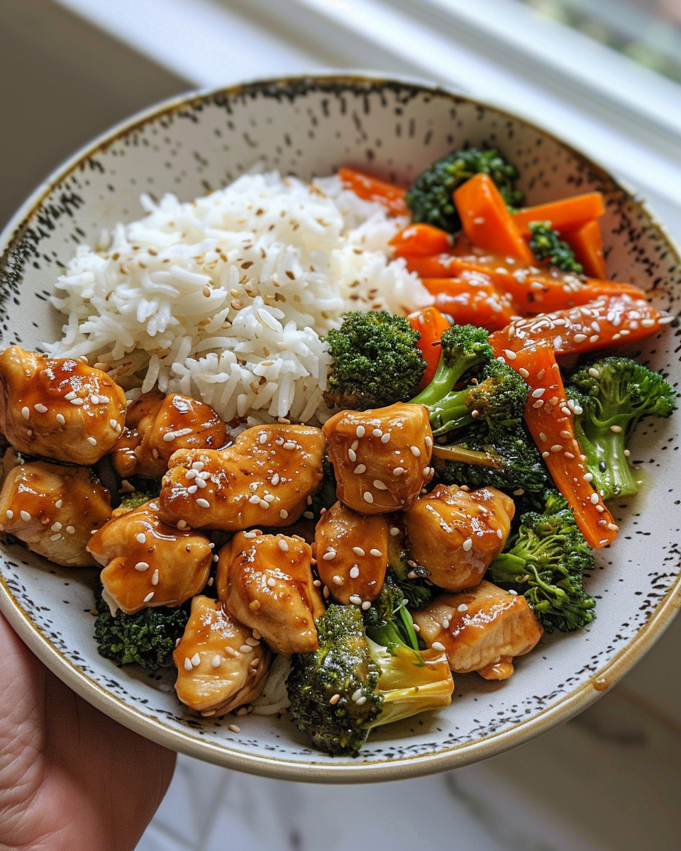 A plate of food with rice, broccoli, carrots, and chicken.