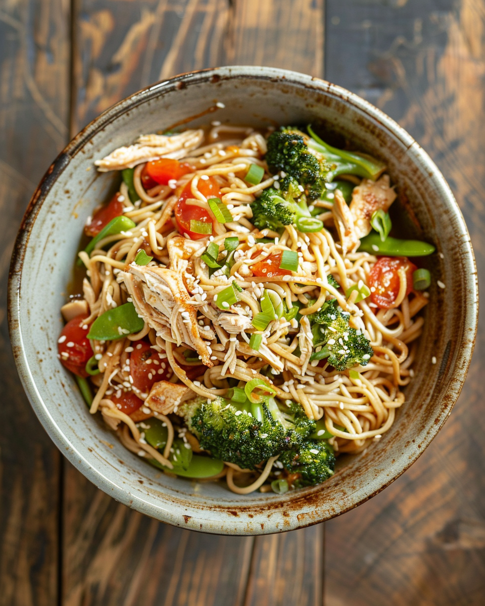 A bowl of Thai Chicken Peanut Noodles.