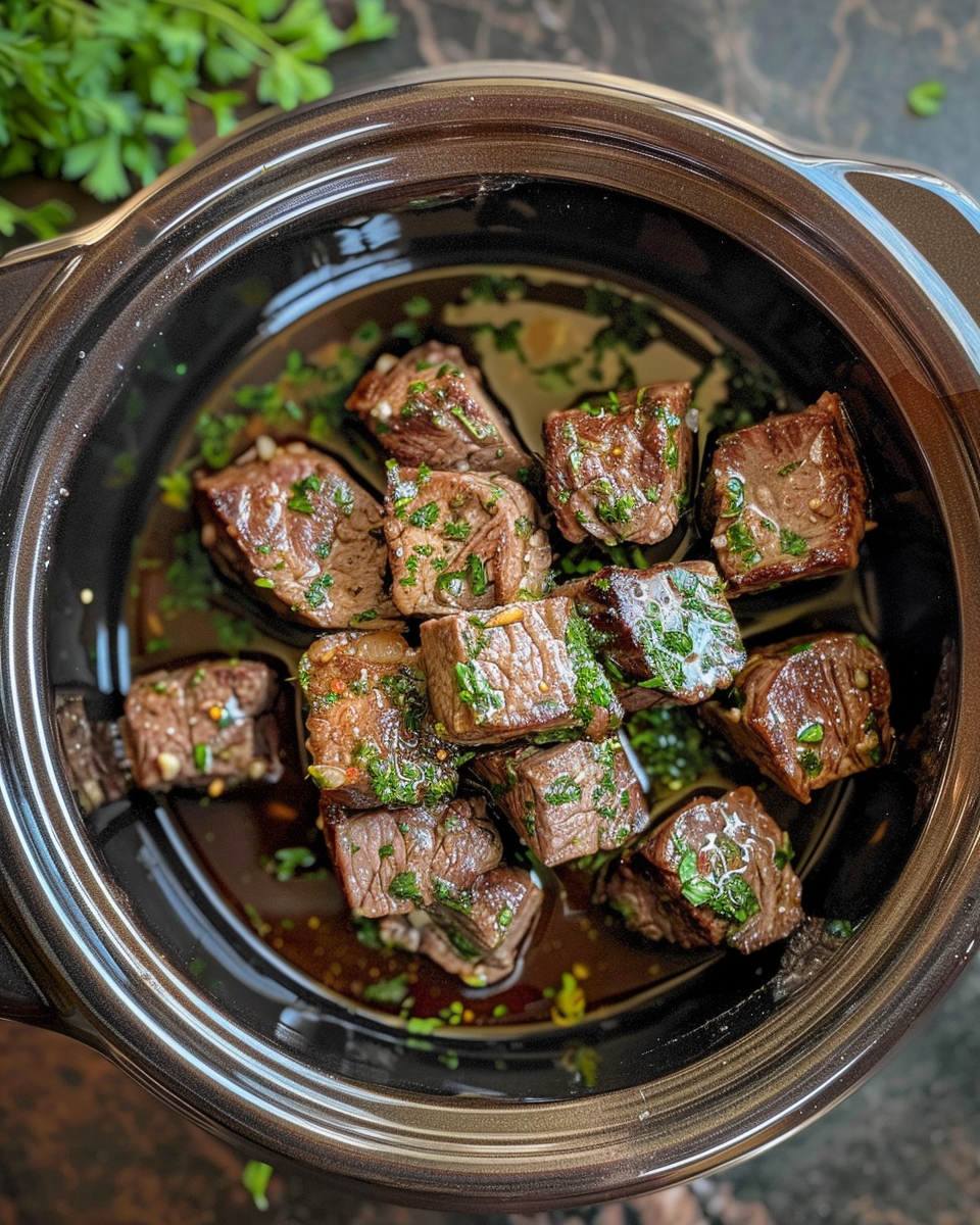 A crockpot filled with garlic butter steak bites.