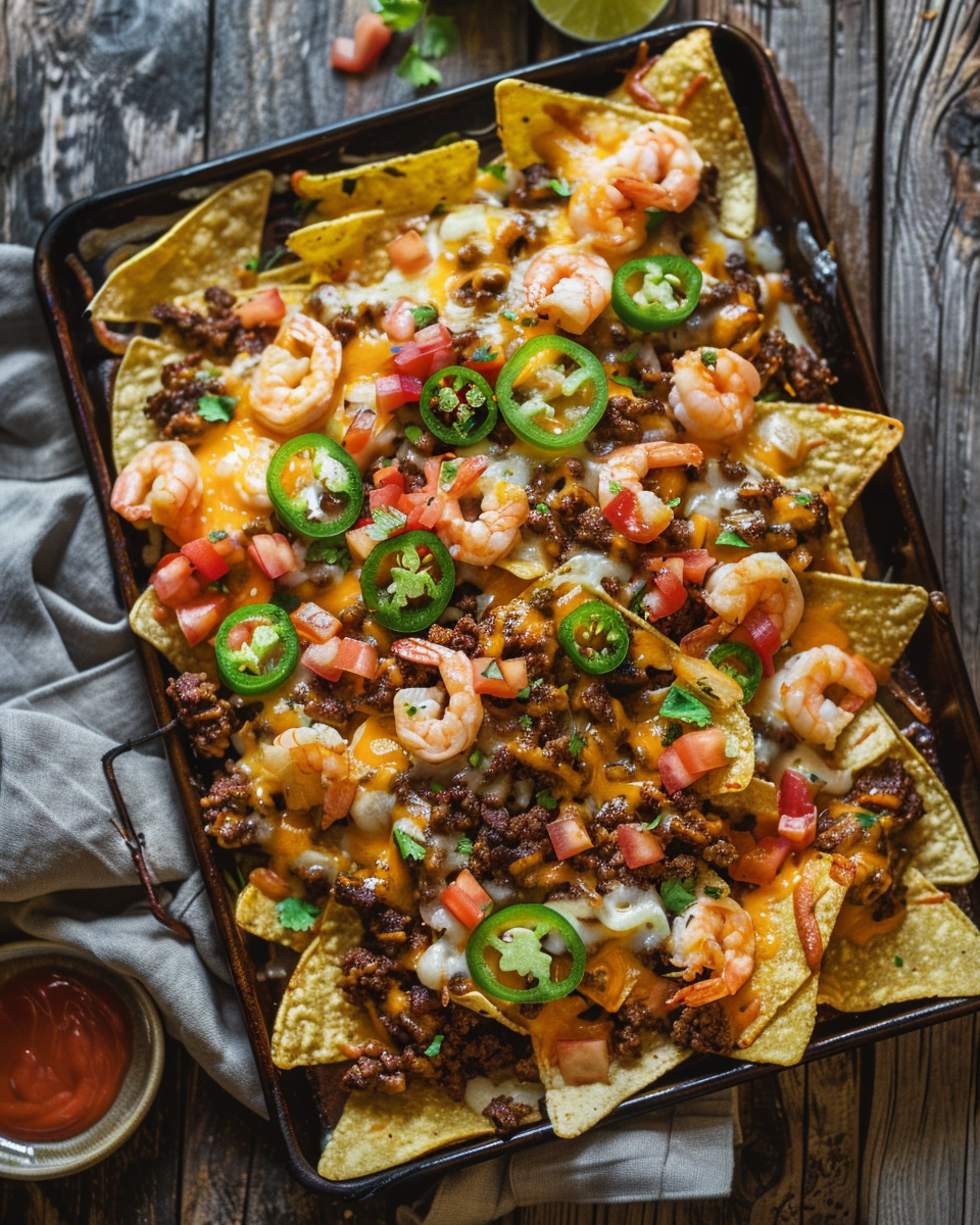 A pan of shrimp and beef nacho fries.