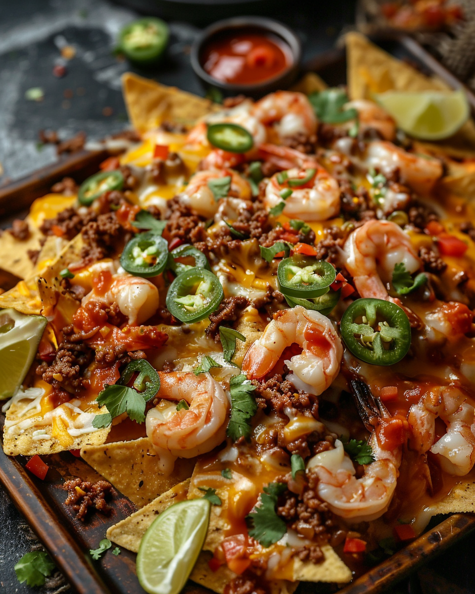 A plate of nacho fries with shrimp and beef.