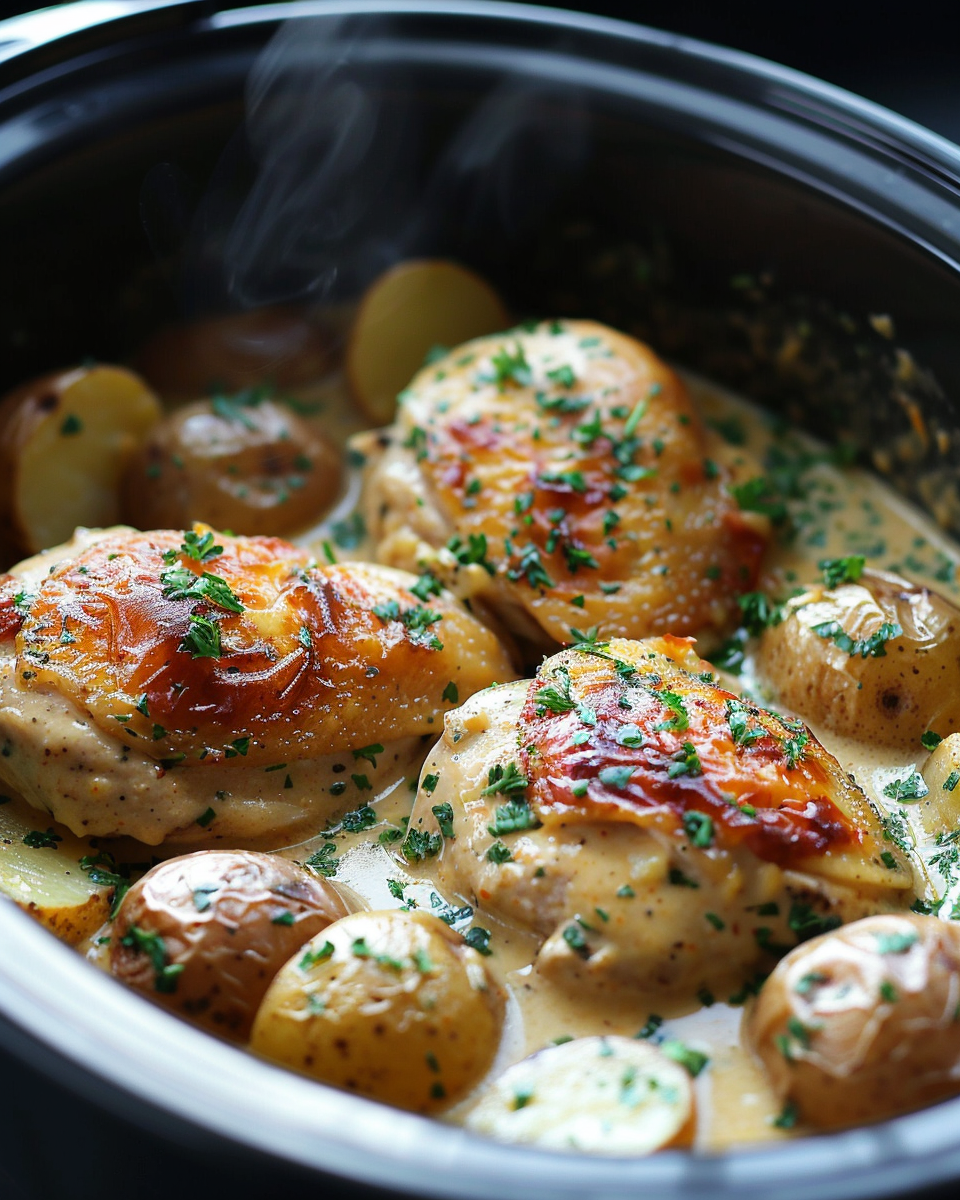 A crockpot filled with garlic parmesan chicken and potatoes.