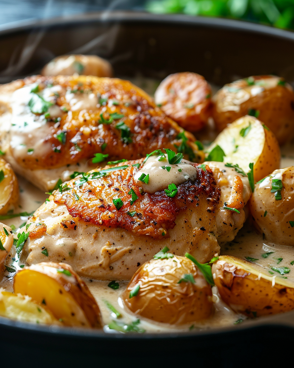 A crockpot filled with garlic parmesan chicken and potatoes.
